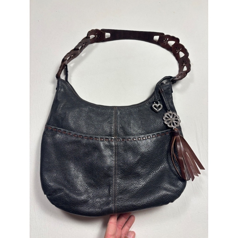 Brighton E913519 Leather Hobo Shoulder Bag Black Brown Tassel Charms